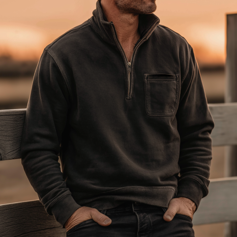 Men's Retro Casual Western Style Cotton Washed Zipper Neck Sweatshirt MTA2171H5TO