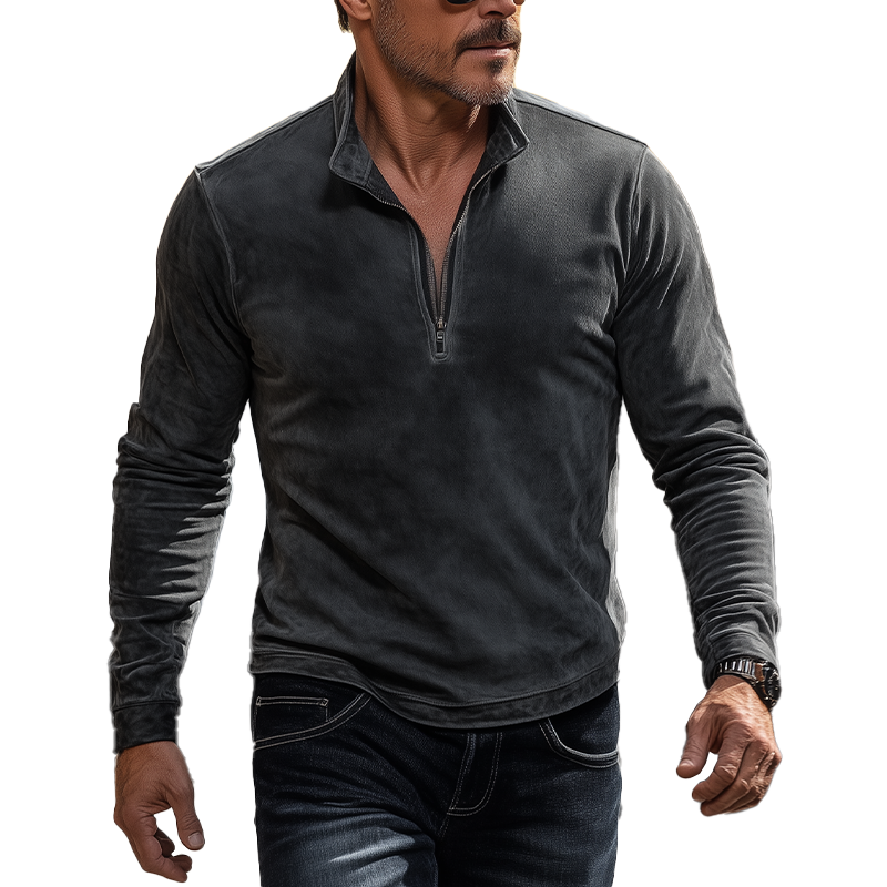 Men's Vintage-style Faux Suede Half-zip Long-sleeved T-shirt MTA1081L2P