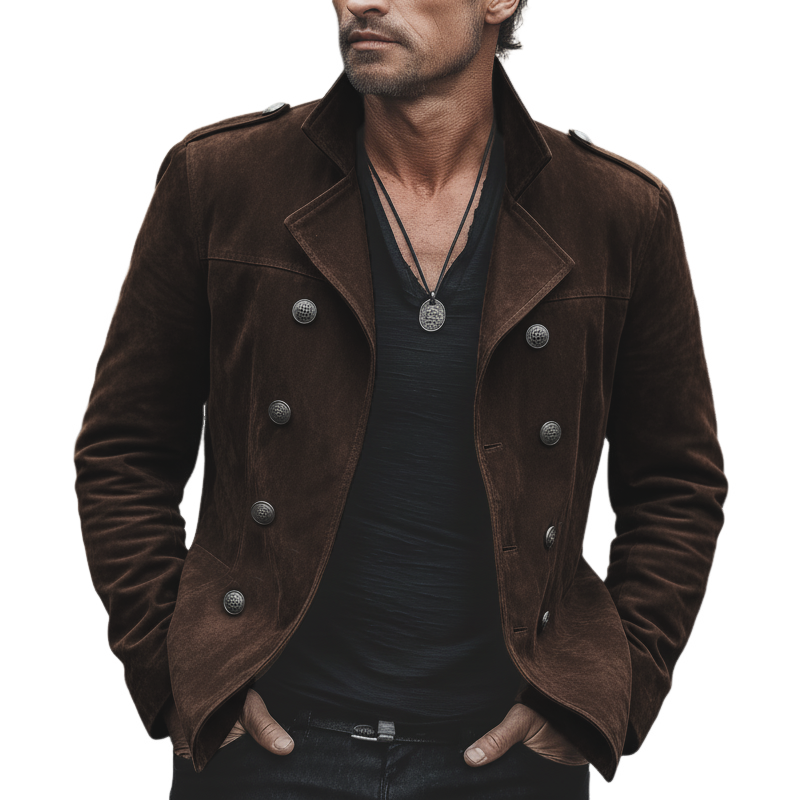 Men's Classic Chocolate Brown Double-breasted Notched Lapel Suede Jacket MTA0113L7U