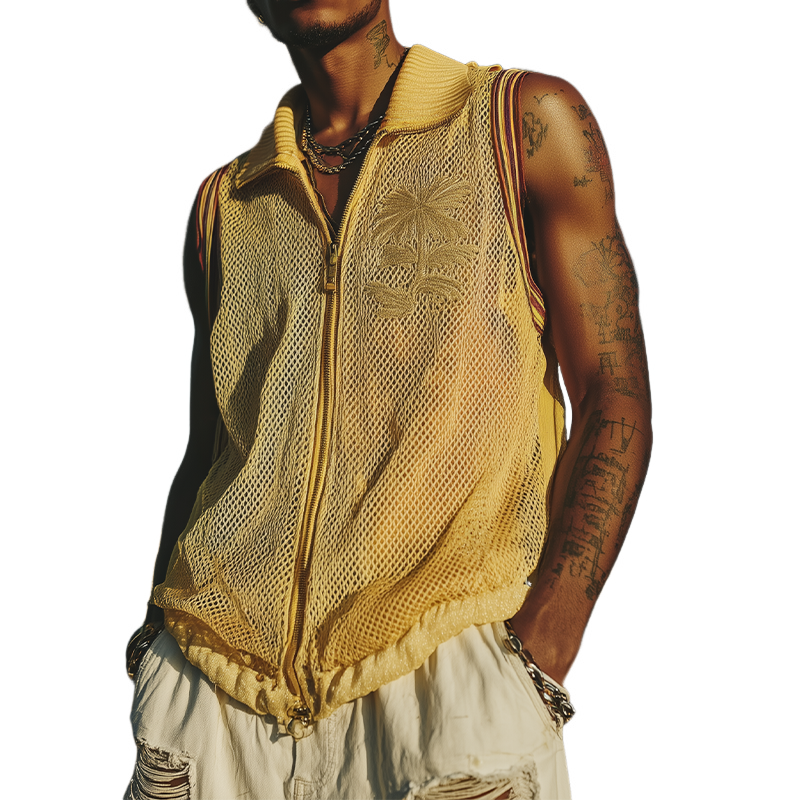 Men's Spring And Summer Fashion Casual Mesh Zipper Lapel Embroidered Sleeveless Shirt MTA1947F8K