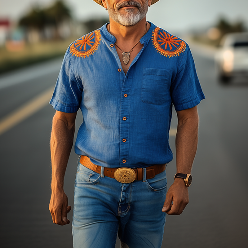Men's Spring And Summer New Casual Vacation Retro Western Cowboy Style Cotton And Linen Embroidered Stand-Up Collar Short-Sleeved Shirt MTA0938E5K
