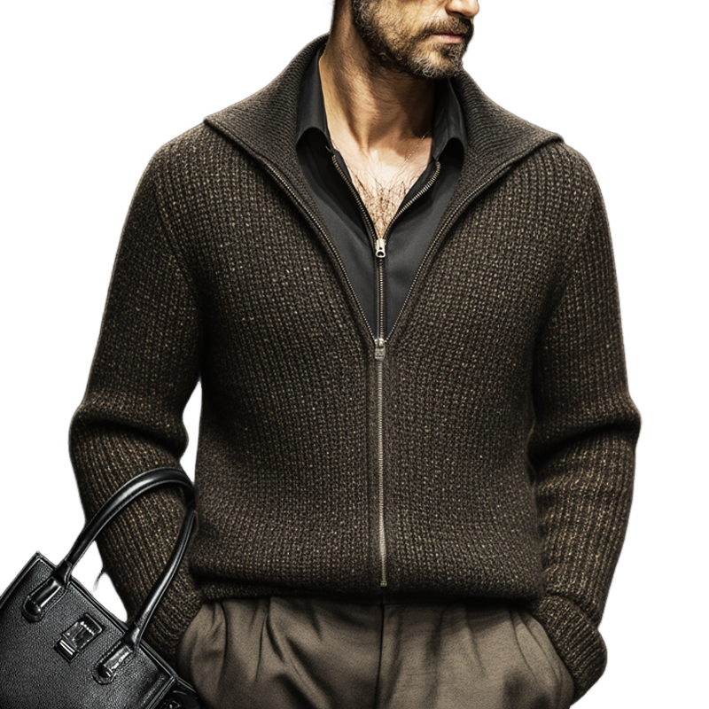 Men's Vintage Business Olive Green Zipper Lapel Knit Cardigan MTA2198J4U