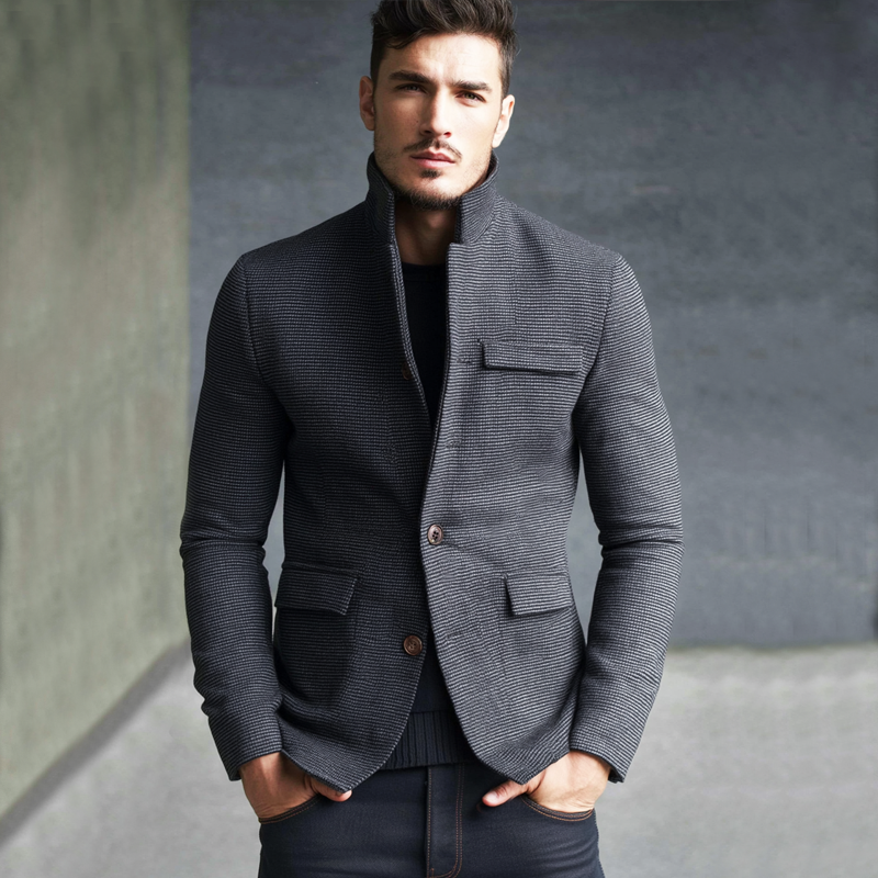 Men's Business Stand-up Collar Textured Button Jacket MTA0834I8U