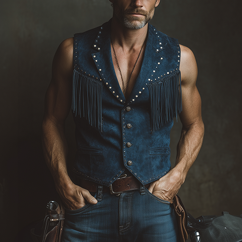 Men's Spring And Summer New American Retro Western Cowboy Thin Suede Tassel And Metal Rivet Slim Fit Single Wear Vest MTA1878F5K