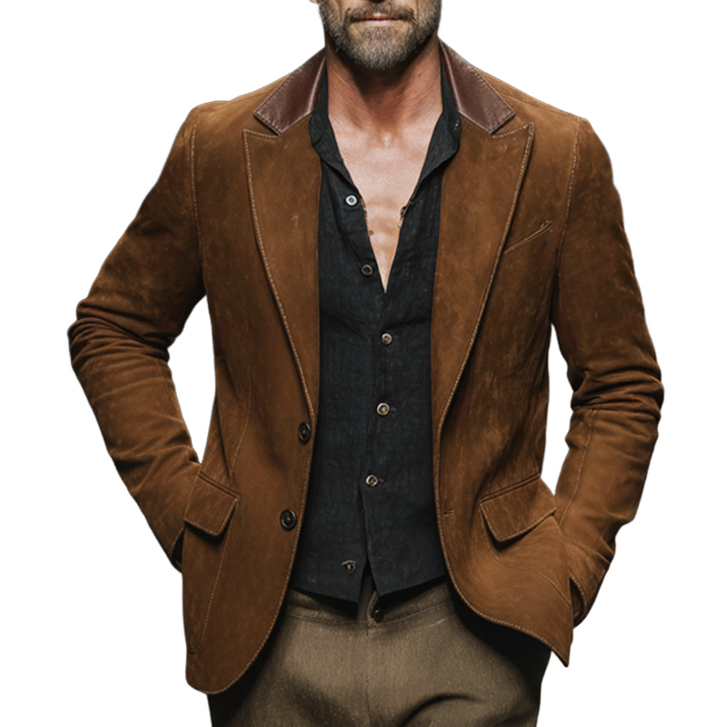 Men's Business Suede And PU Leather Two-button Double-slit Blazer MTA2214J9U