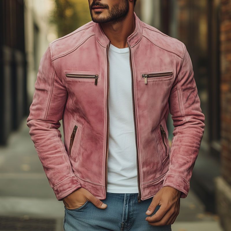 Men's Vintage Solid Color Suede Stand Collar Zipper Placket Zipper Pocket Slim Fit Jacket MTA0587H7M
