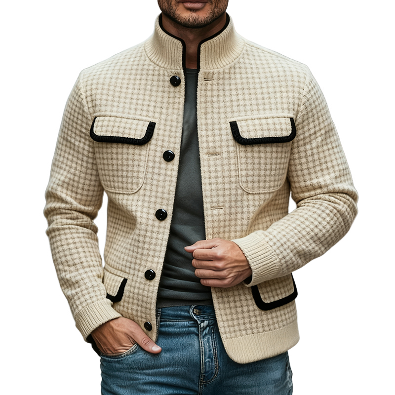 Men's Casual Plaid Blend Stand Collar Contrast Color Jacket MTA2572J9X