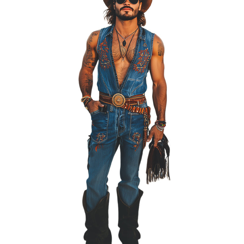 Men'S Western Denim Embroidered Jumpsuit MTA0946E1X