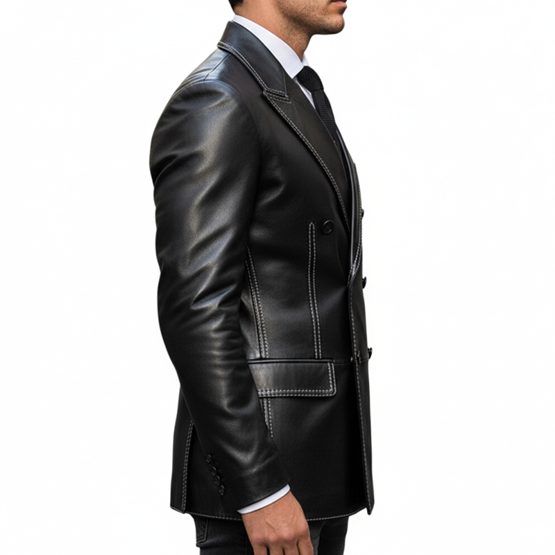 Men's Business Black Double-Breasted Notched Lapel PU Leather Slim Blazer