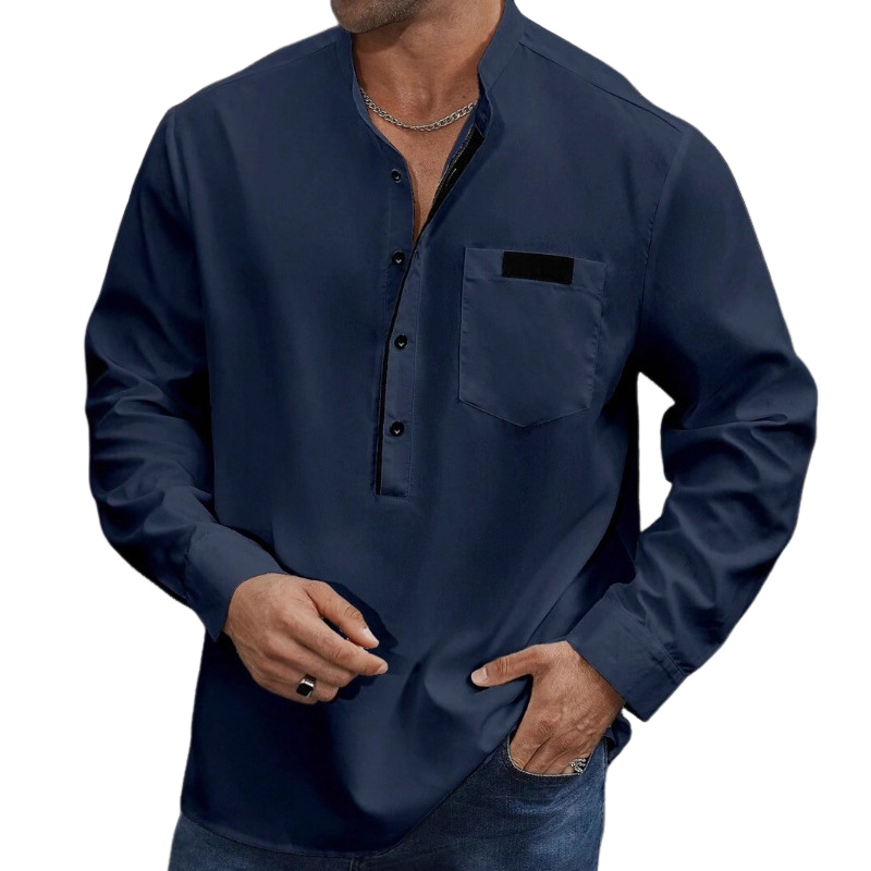 Men's Stand Collar Colorblock Long Sleeve Cotton Blend Shirt MTA2858G7X