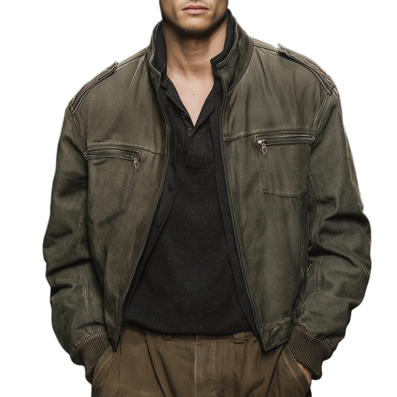 Men's Vintage Army Green Stand-up Collar Denim Bomber Jacket MTA2467J2U