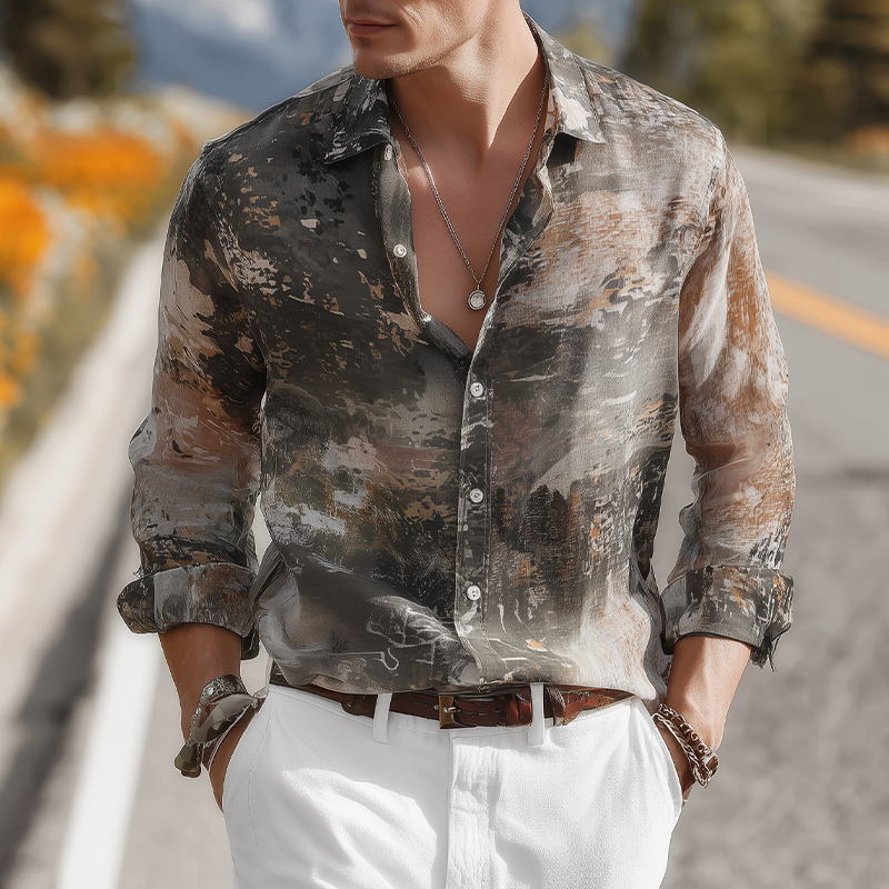 Men's Summer Fashion Casual Chiffon Slightly Transparent Sexy Art Print Long Sleeve Shirt MTA0512G5K