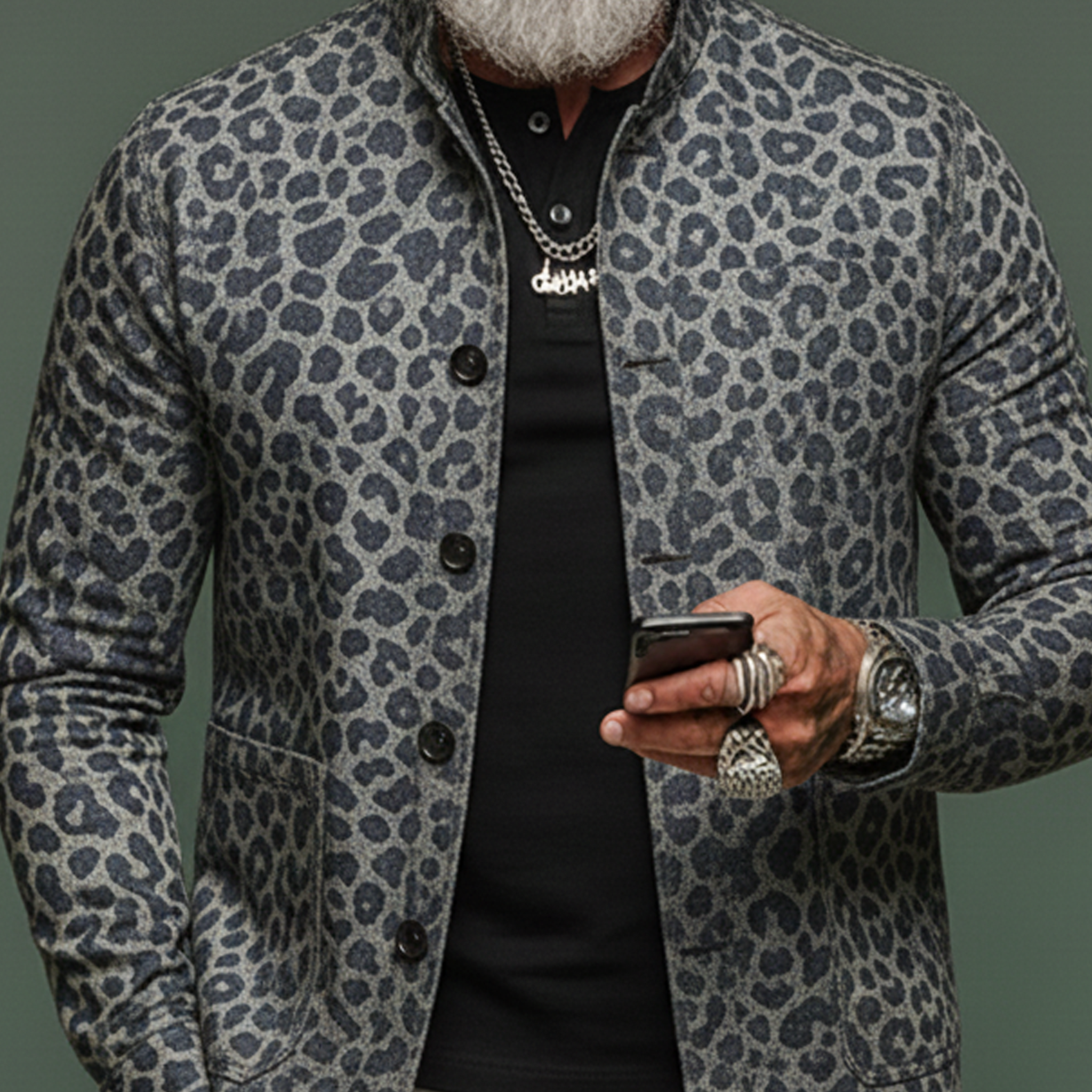 Men's Classic Vintage Stand-collar Leopard Print Jacquard Denim Jacket MTA1548L5K