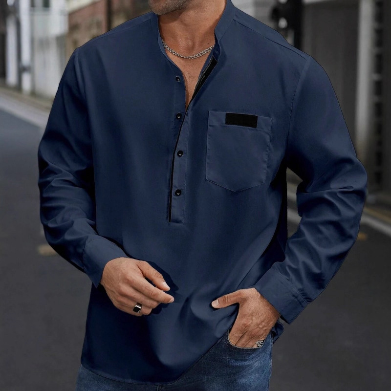 Men's Stand Collar Colorblock Long Sleeve Cotton Blend Shirt MTA2858G7X