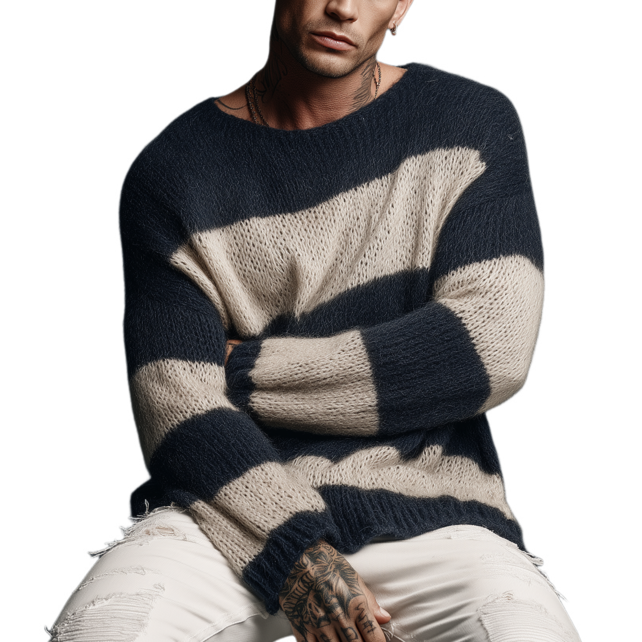 Men's Classic Casual Round Neck Contrast Color Horizontal Striped Long Sleeve Sweater MTA0885I8K