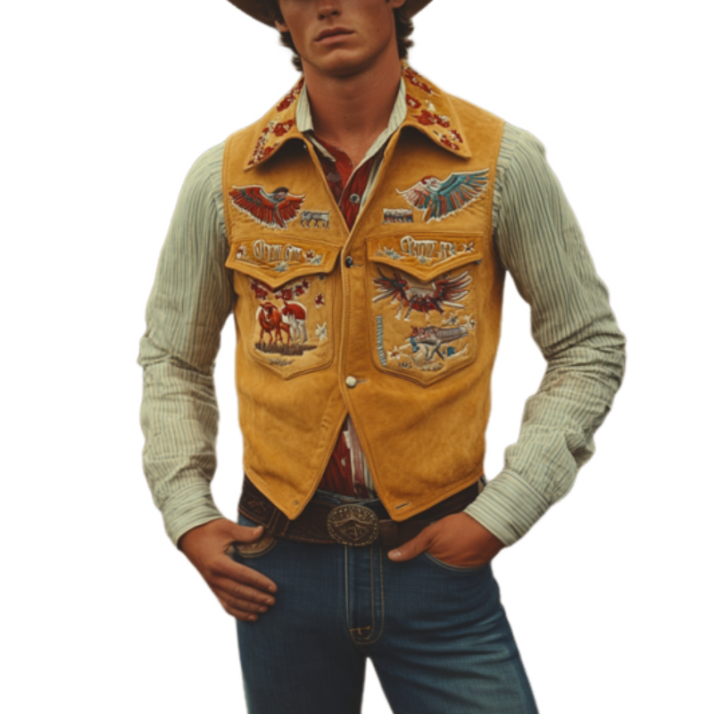 Men's Classic Retro American Western Style Heavy Embroidery Suede Vest 43647335K