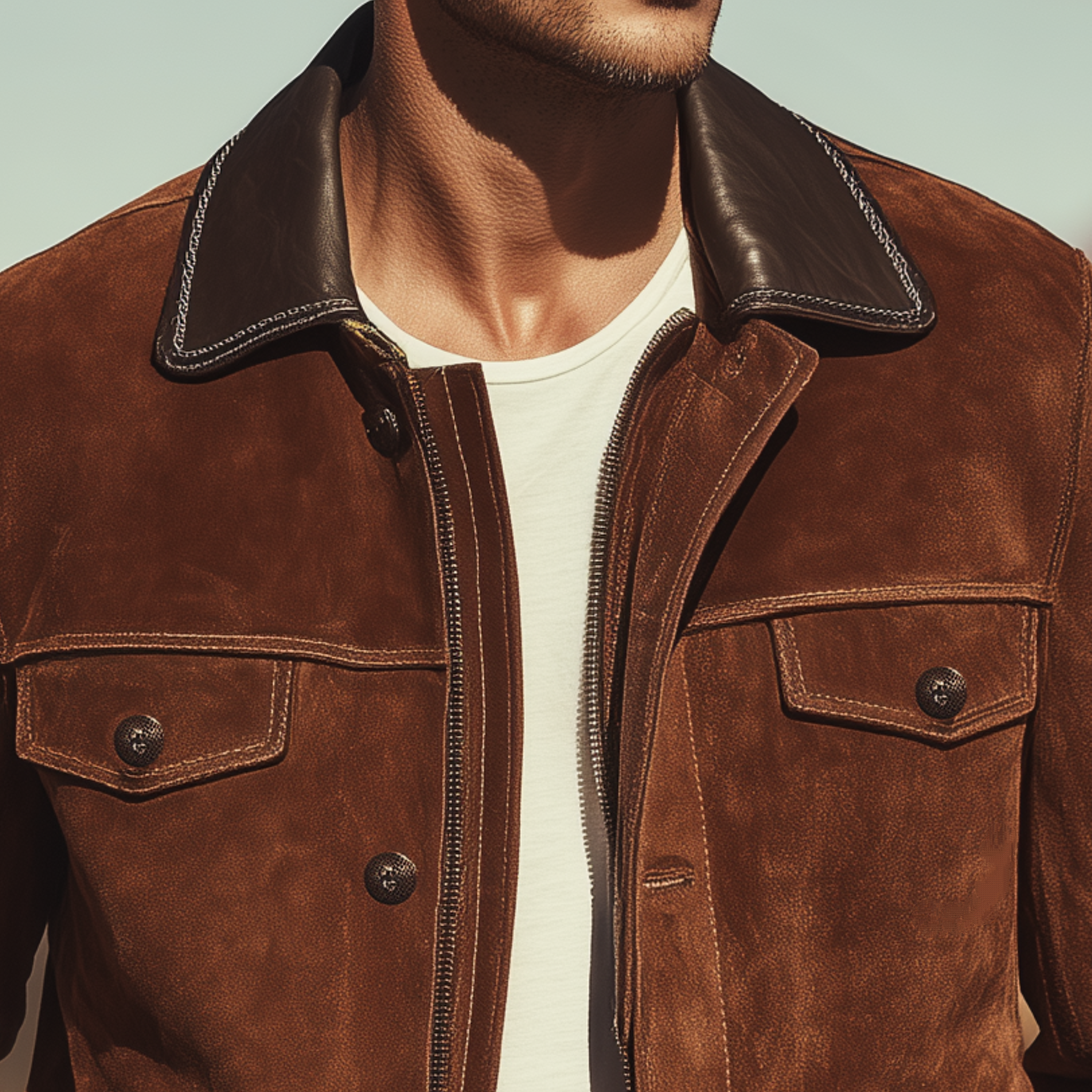 Men's Classic Casual Western Style Pu Leather Collar Multi-pocket Suede Jacket MTA1190H7K