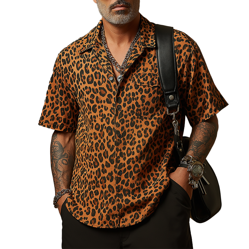 Men's Vintage Leopard Print Cotton Blend Short Sleeve Shirt MTA2193G8P