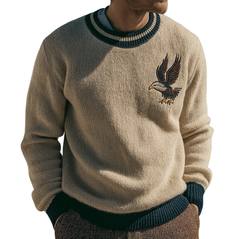 Men's Retro Casual Knitted Eagle Embroidery Crew Neck Sweater MTA0176L4TO