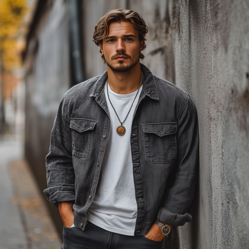 Men's Casual Breathable Washed Distressed Lapel Flap Pocket Loose Denim Shirt Jacket MTA0506H0M