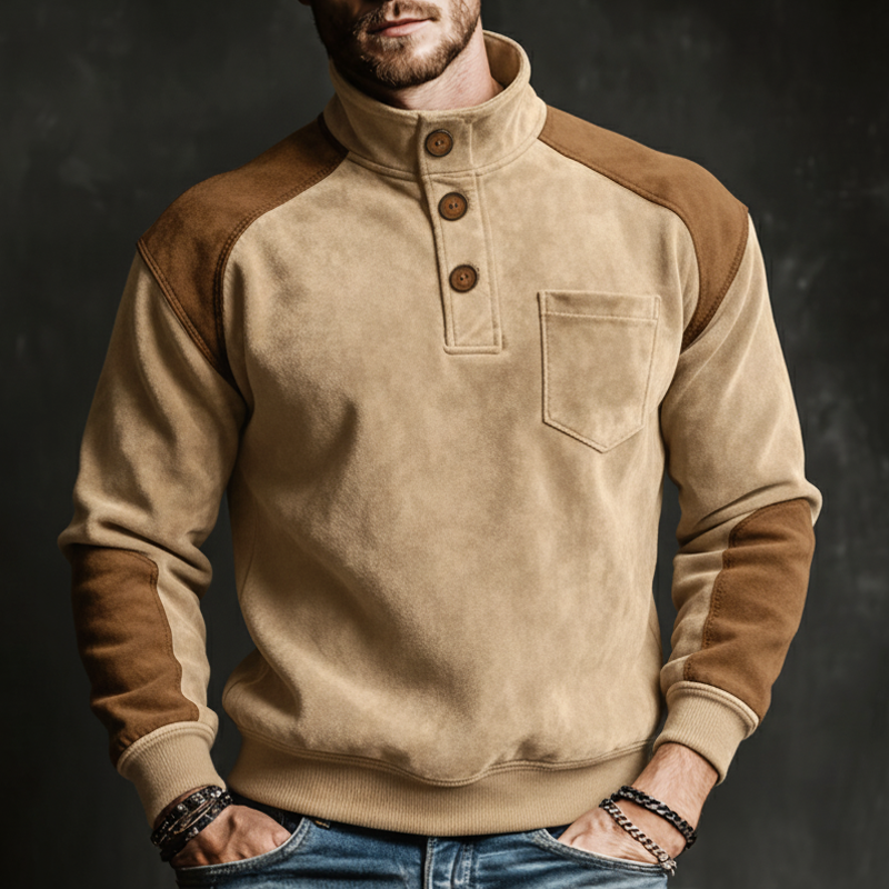 Men's Classic Three-button Stand-collar Color-block Faux Suede Sweatshirt MTA2915L2U