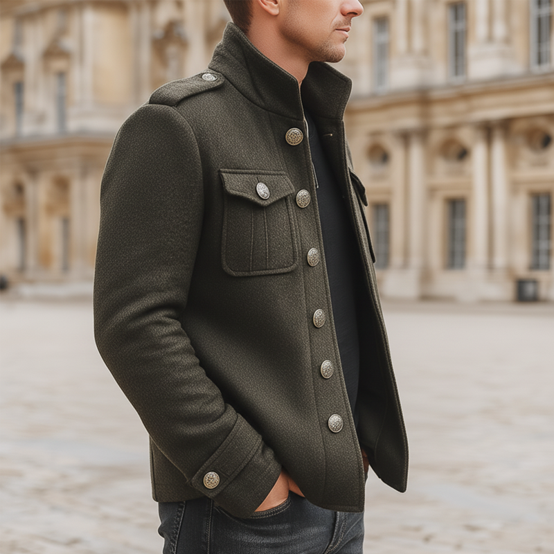 Men's Classic Army Green Stand-up Collar  Faux Woolen Jacket MTA1551K2U