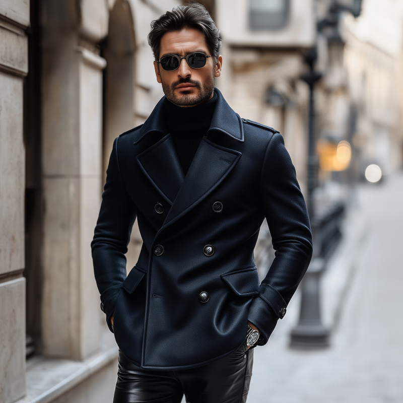 Men's Fashion Vintage Solid Color Litchi Pattern PU Notch Lapel Double Breasted Slim Coat MTA1488H5M