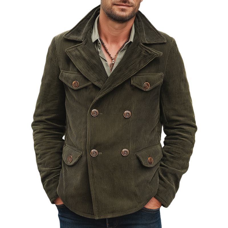 Men's Vintage Army Green Corduroy Double Breasted Jacket MTA1617J5U