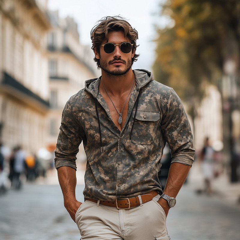 Men's Camouflage Hooded Chest Pocket Long Sleeve Shirt MTA0817H9Z