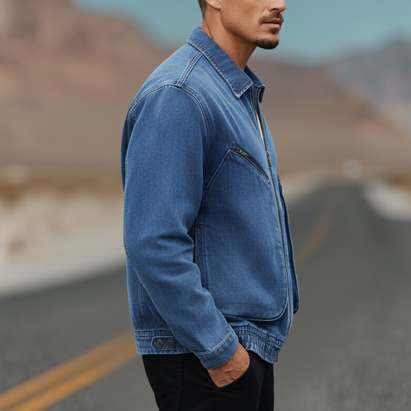 Men's Autumn And Winter Vintage Washed Large Pocket Denim Baseball Jacket MTA2342I1P