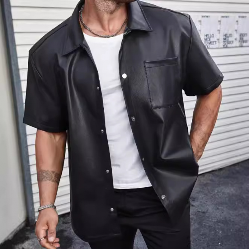 Men's Fashion PU Lapel Single Breasted Patch Pocket Loose Short Sleeve Shirt MTA0683E0M