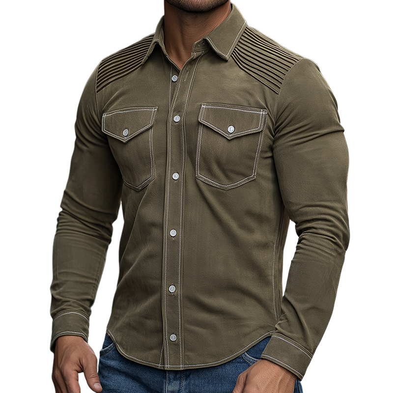 Men's Vintage Casual Suede Pleated Lapel Long Sleeve Shirt MTA2153H8TO