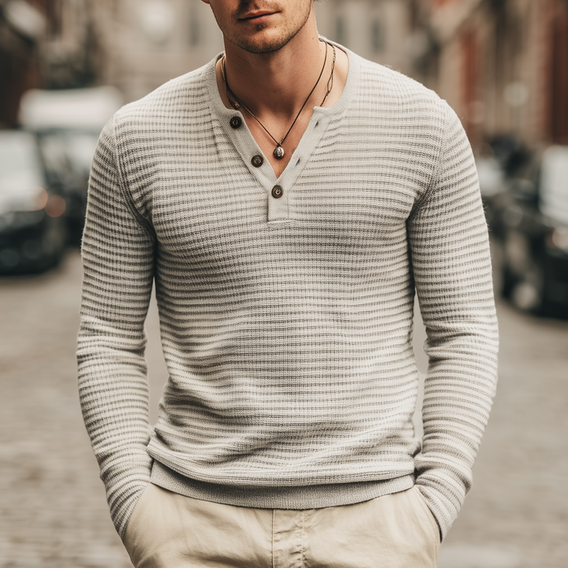 Men's Casual Light Grey V-neck Knitted Plaid Textured Sweater MTA2833I8U