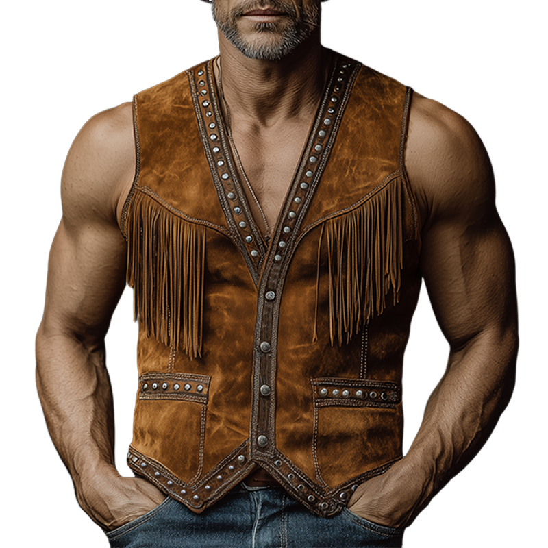 Men's Spring And Summer New American Retro Western Cowboy Thin Suede Tassels And Metal Rivets Slim Fit Single Wear Vest MTA1832F2K