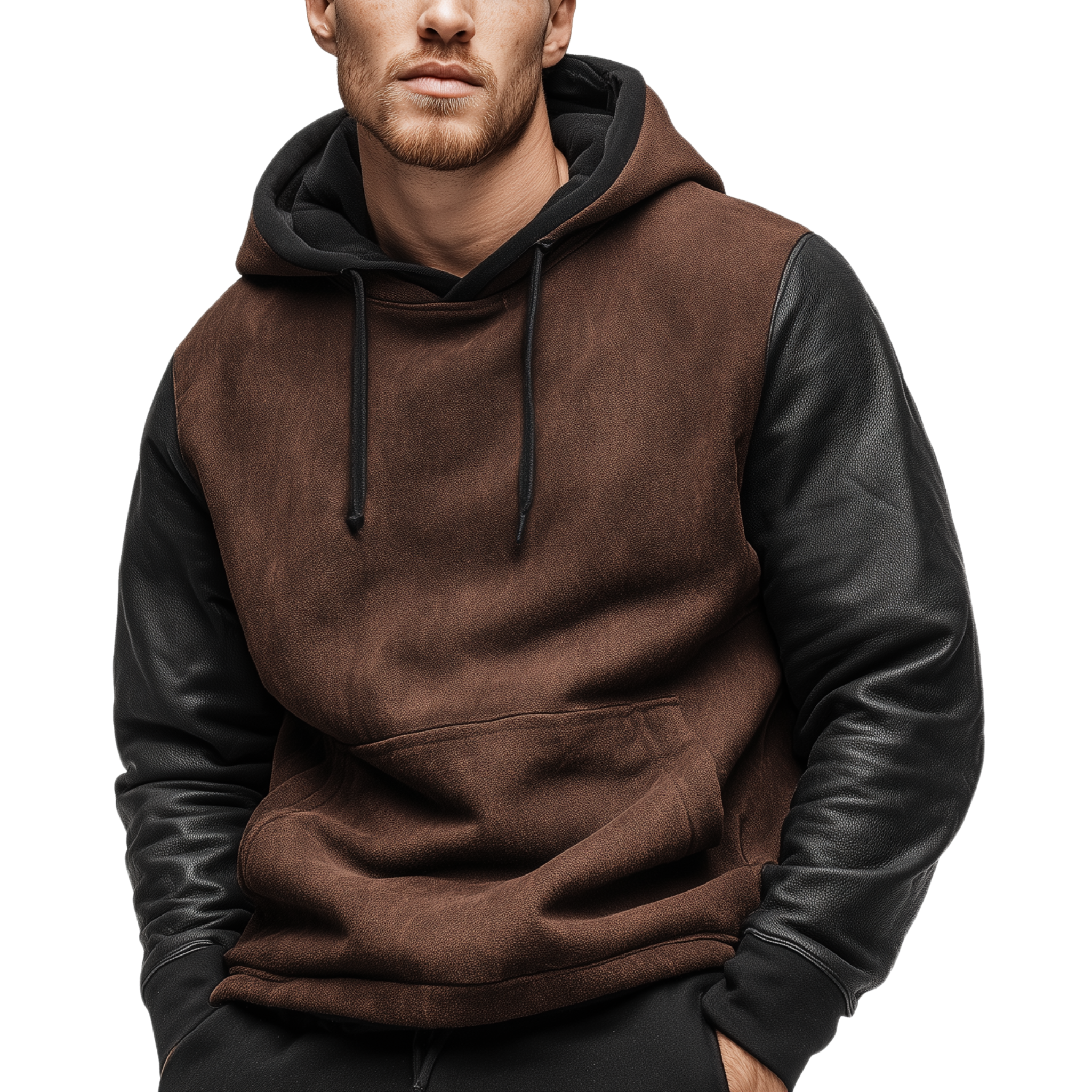 Men's Classic Casual Sleeve Stitching PU Leather Loose Faux Suede Hoodie MTA0983J5K