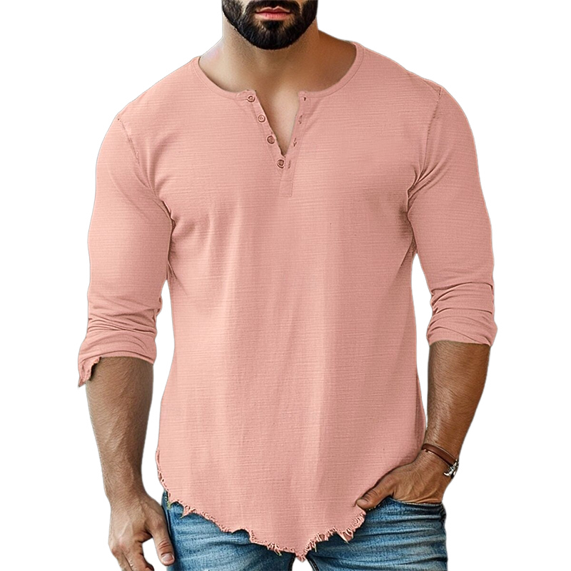Herre t-skjorte med lange ermer og henley-hals, ensfarget, vintage-utgave, rå kant, MTA1979G6TO