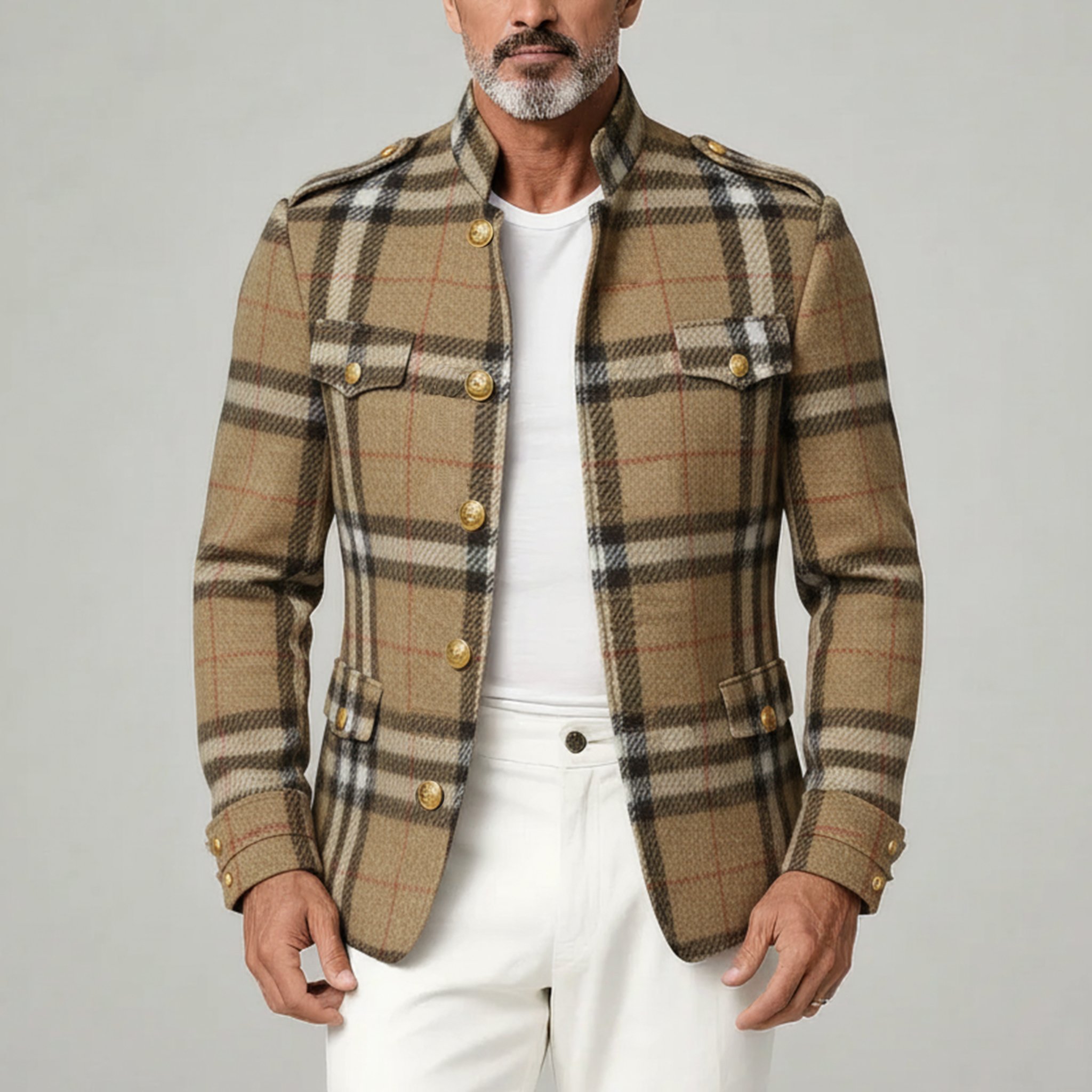 Men's Classic Retro Stand Collar Faux Plaid Woolen Slim Jacket MTA3023I8K