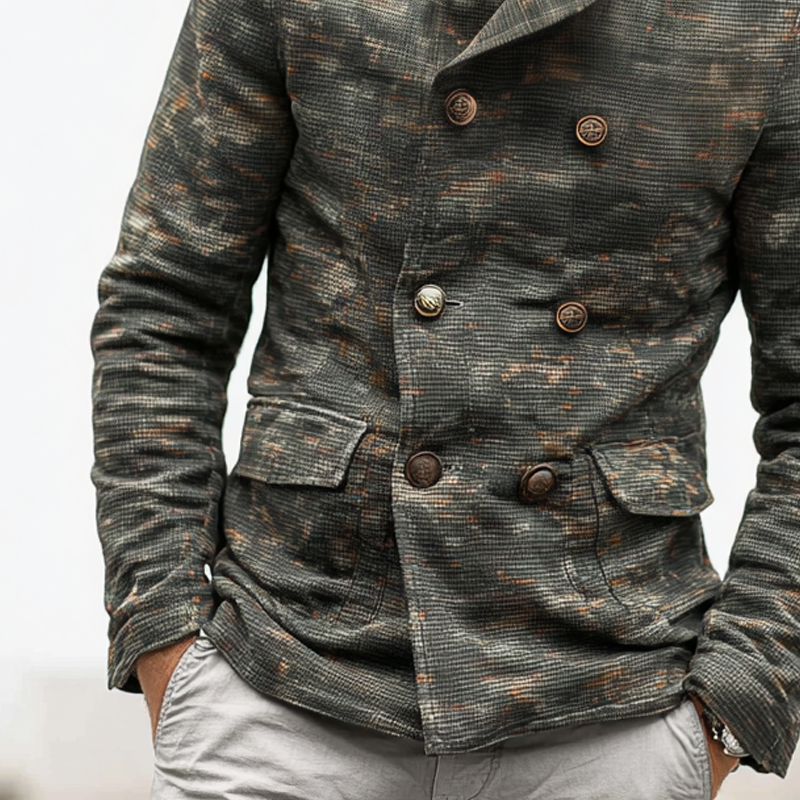 Men's Camouflage Waffle Stand Collar Double Breasted Casual Jacket MTA1879H0Z