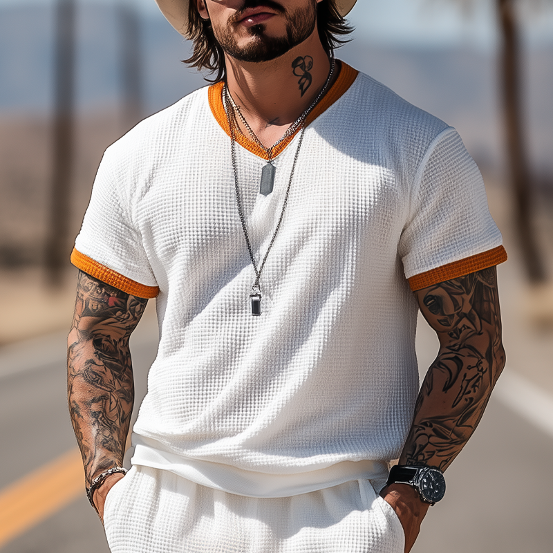 Men's Summer Fashion Casual Waffle Contrast Color Stitching Short-sleeved T-shirt Elastic Waist Shorts Set MTA2950E7K