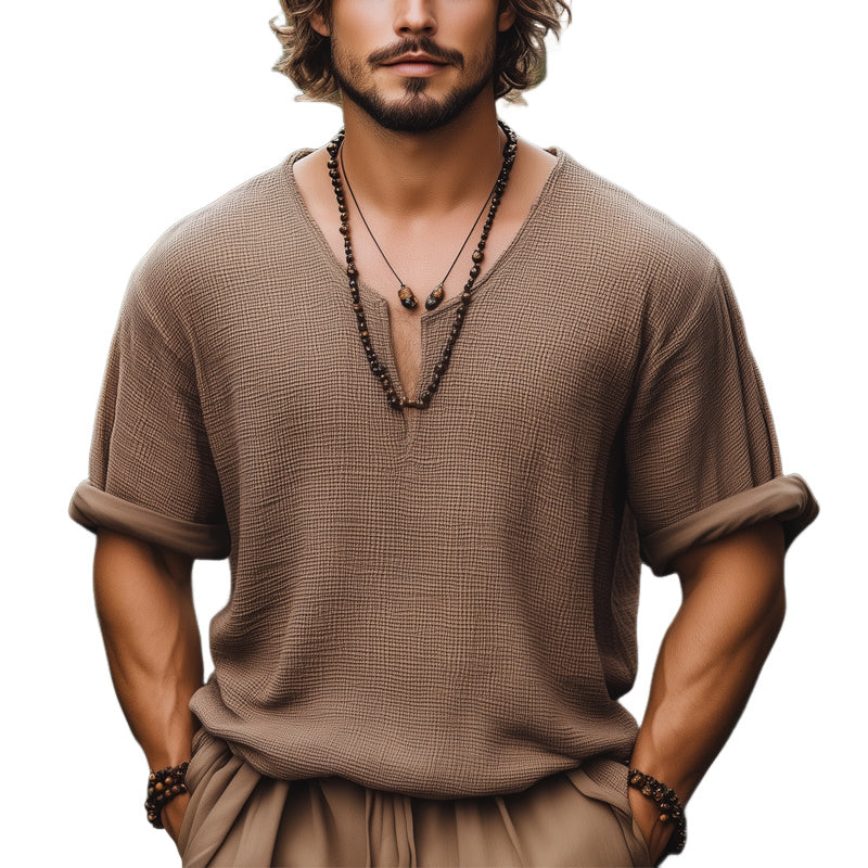 Men's Summer Basic Solid Color Textured V-neck Loose Short-sleeved T-shirt MTA2655E2U