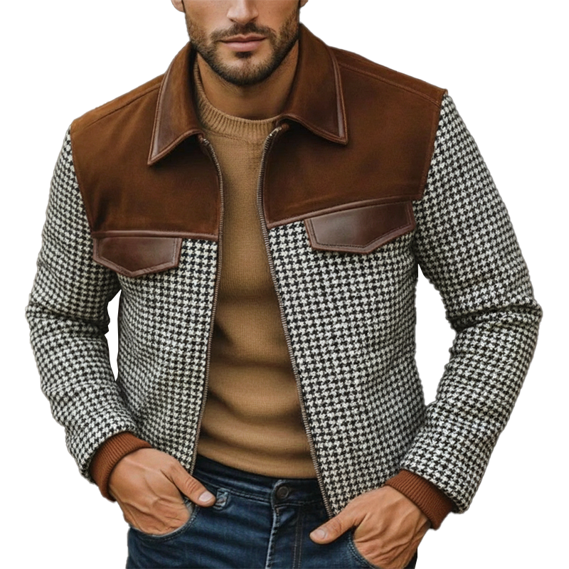 Men's Winter Retro Houndstooth Faux Suede Patchwork Jacket MTA1286K8P