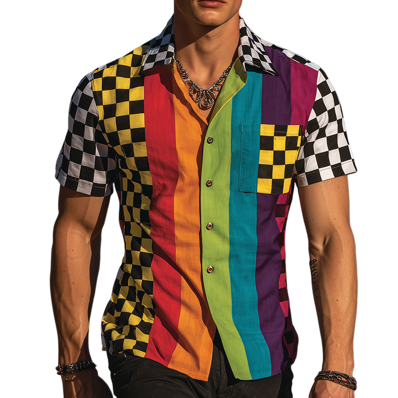 Men's Retro Casual Rainbow Checkerboard Print Lapel Short Sleeve Shirt MTA1865G2TO