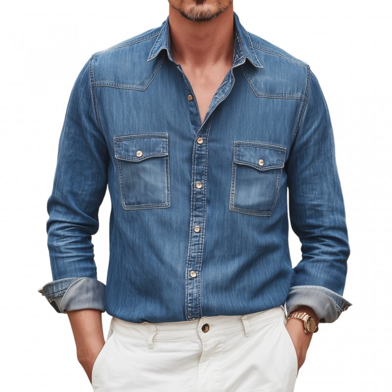 Men's Vintage Denim Washed Distressed Lapel Chest Pocket Slim Fit Western Cowboy Long Sleeve Shirt MTA0785G8M