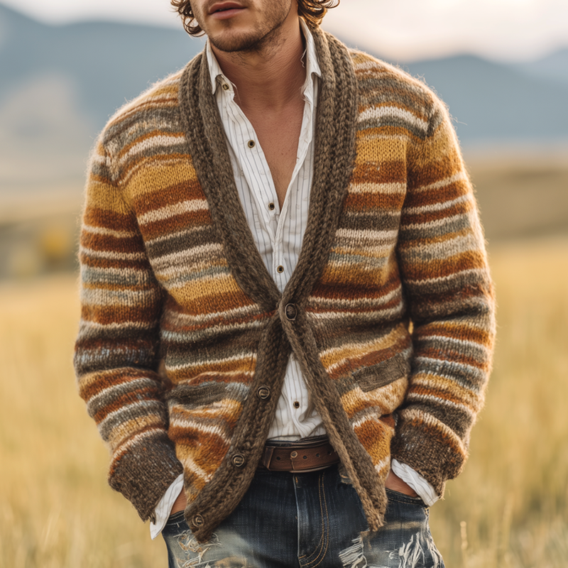 Men's Coloring Striped V Neck Single Breasted Knit Cardigan MTA3080H9Z