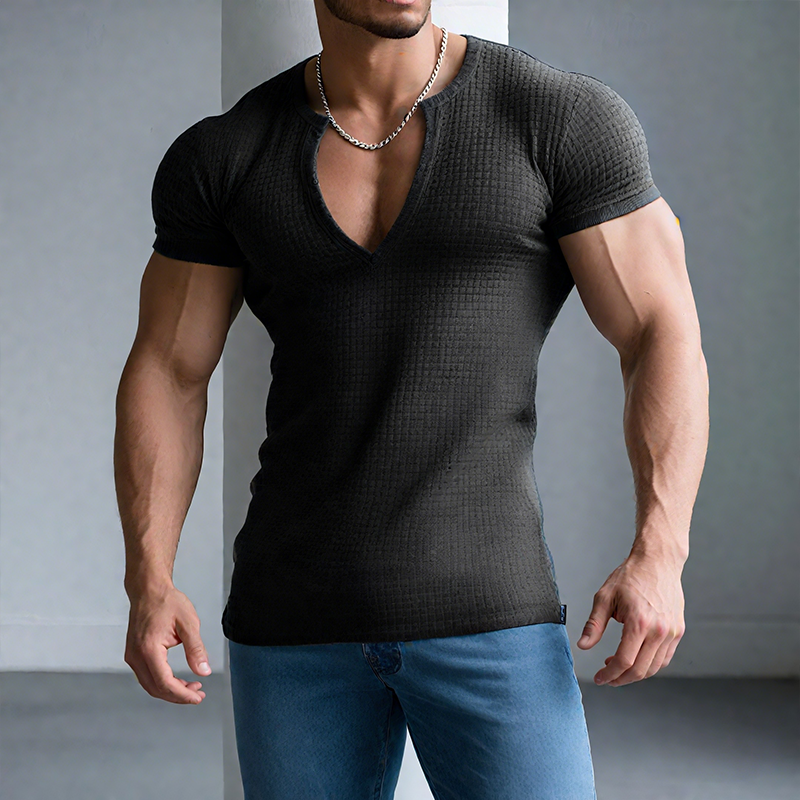 Men's Retro Casual Solid Color Waffle V-Neck Short Sleeve T-Shirt MTA1965G2TO
