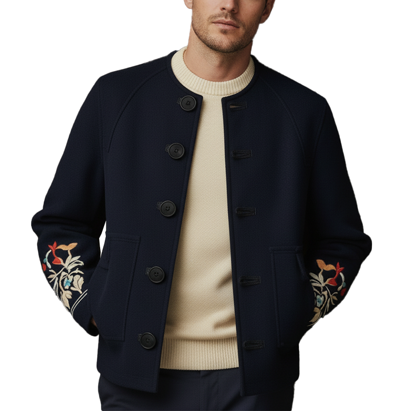 Men's Winter Simple Embroidered Faux Wool Round Neck Jacket MTA1506J2P