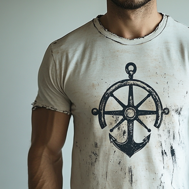 Men's Retro Nautical Anchor Print Casual Ripped Round Neck Short Sleeve T-Shirt 41928951TO