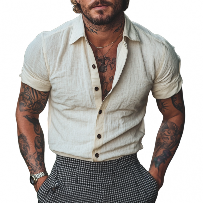 Men's Casual Vacation Breathable Linen Loose Lapel Slim Fit Short Sleeve Shirt MTA3002D6M