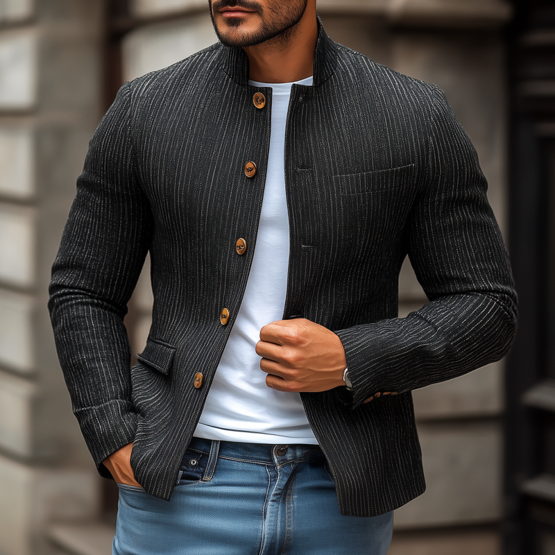 Men's Stylish Linen Striped Stand Collar Single Breasted Slim Short Blazer MTA1898G2M