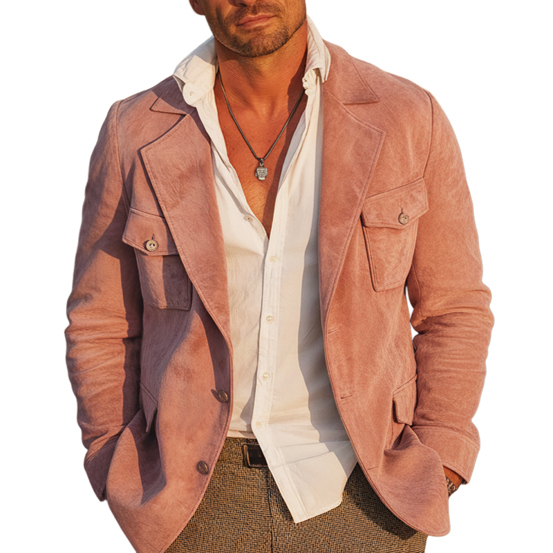 Men's Vintage Pink Faux Suede Multi-pocket Three-button Jacket MTZ0810A5U